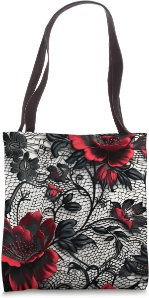 Black Lace Red Floral Vintage Flower Pattern Design #LAV14 Tote Bag