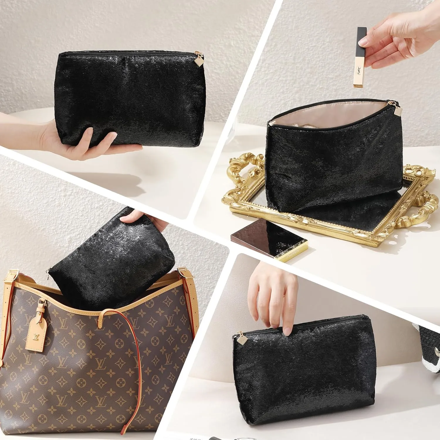Black Makeup Organizer Bag for Purse，Cosmetic Travel Bag for Women, Make Up Pouch for Travelling