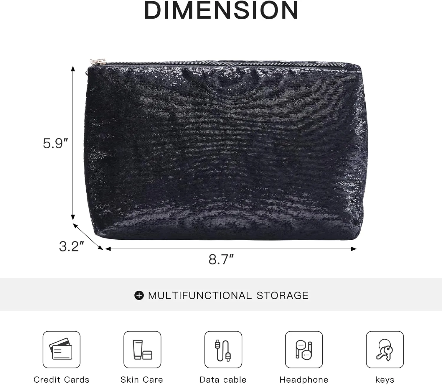 Black Makeup Organizer Bag for Purse，Cosmetic Travel Bag for Women, Make Up Pouch for Travelling