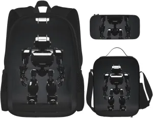 Black Robot Print 3 In 1 Set With Lunch Box Pencil Bag Backpack Set Computer Bag Casual For Gym Beach Travel