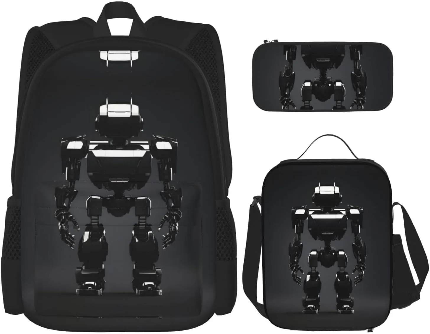 Black Robot Print 3 In 1 Set With Lunch Box Pencil Bag Backpack Set Computer Bag Casual For Gym Beach Travel