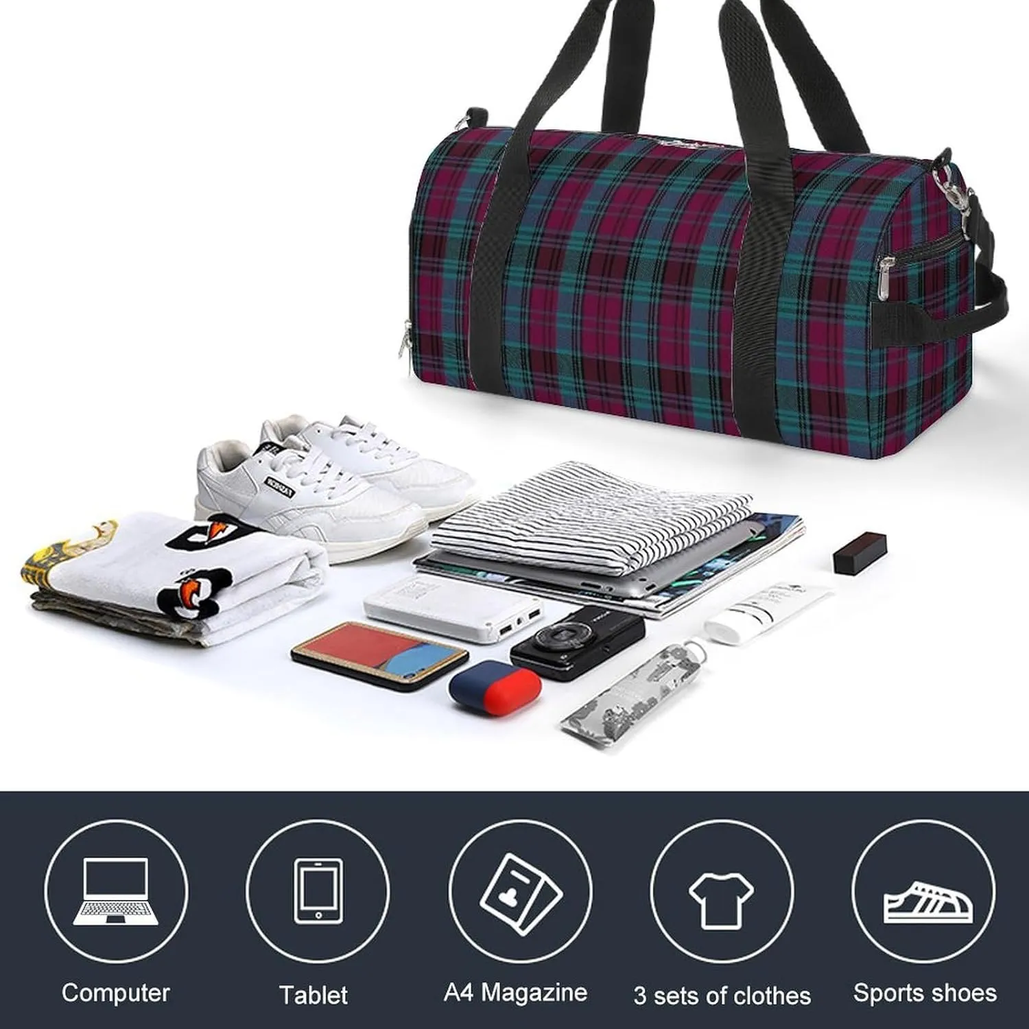 Black Watch Tartan Pattern Portable Large Capacity Fully Printed Fitness Bag Unisex