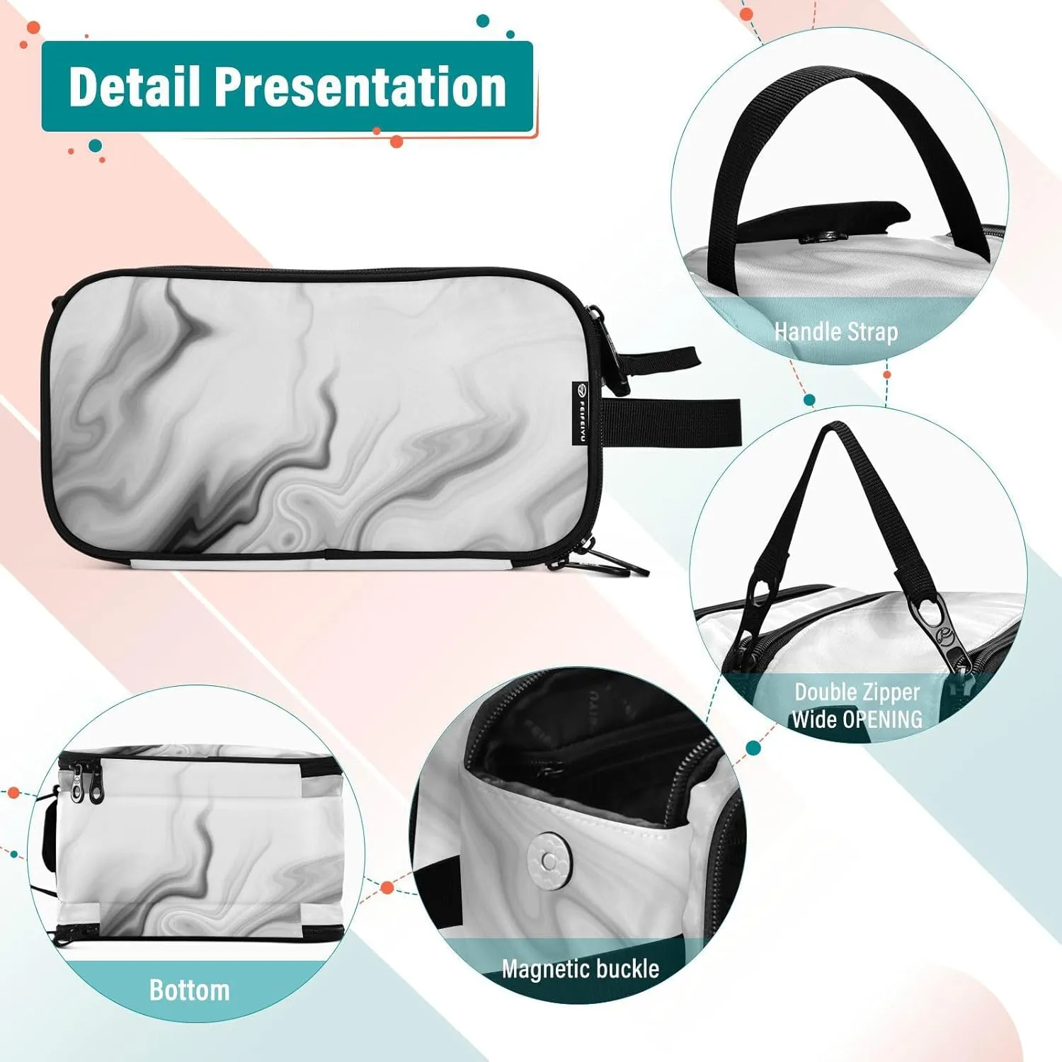 Black White Liquid Marble Agate Slab Paint Pastel Macro Wavy Women's Portable Makeup Bag with Handle, Cosmetic Bag, Travel Cosmetic Bag Durable Toiletry Storage Organizer 11 x 7 x 5.7 inch