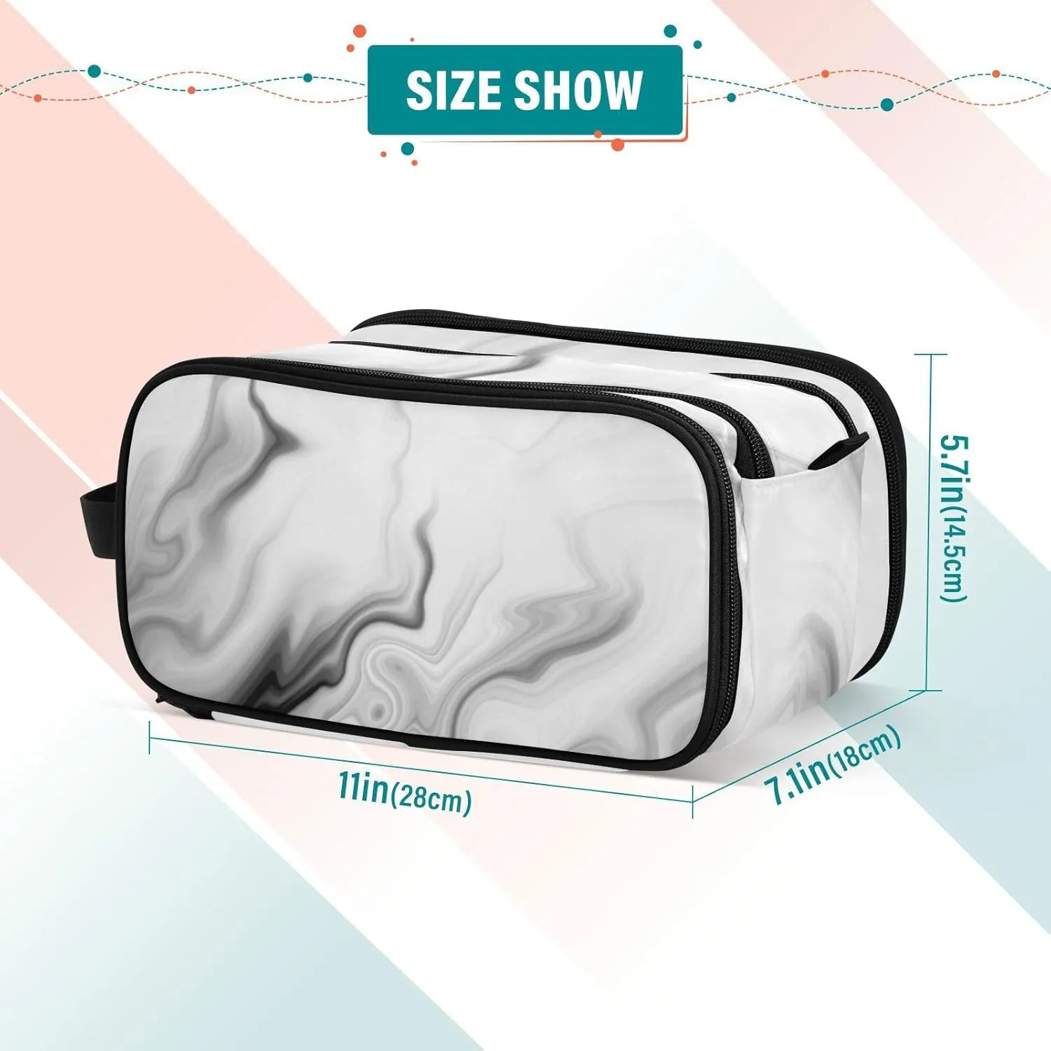 Black White Liquid Marble Agate Slab Paint Pastel Macro Wavy Women's Portable Makeup Bag with Handle, Cosmetic Bag, Travel Cosmetic Bag Durable Toiletry Storage Organizer 11 x 7 x 5.7 inch