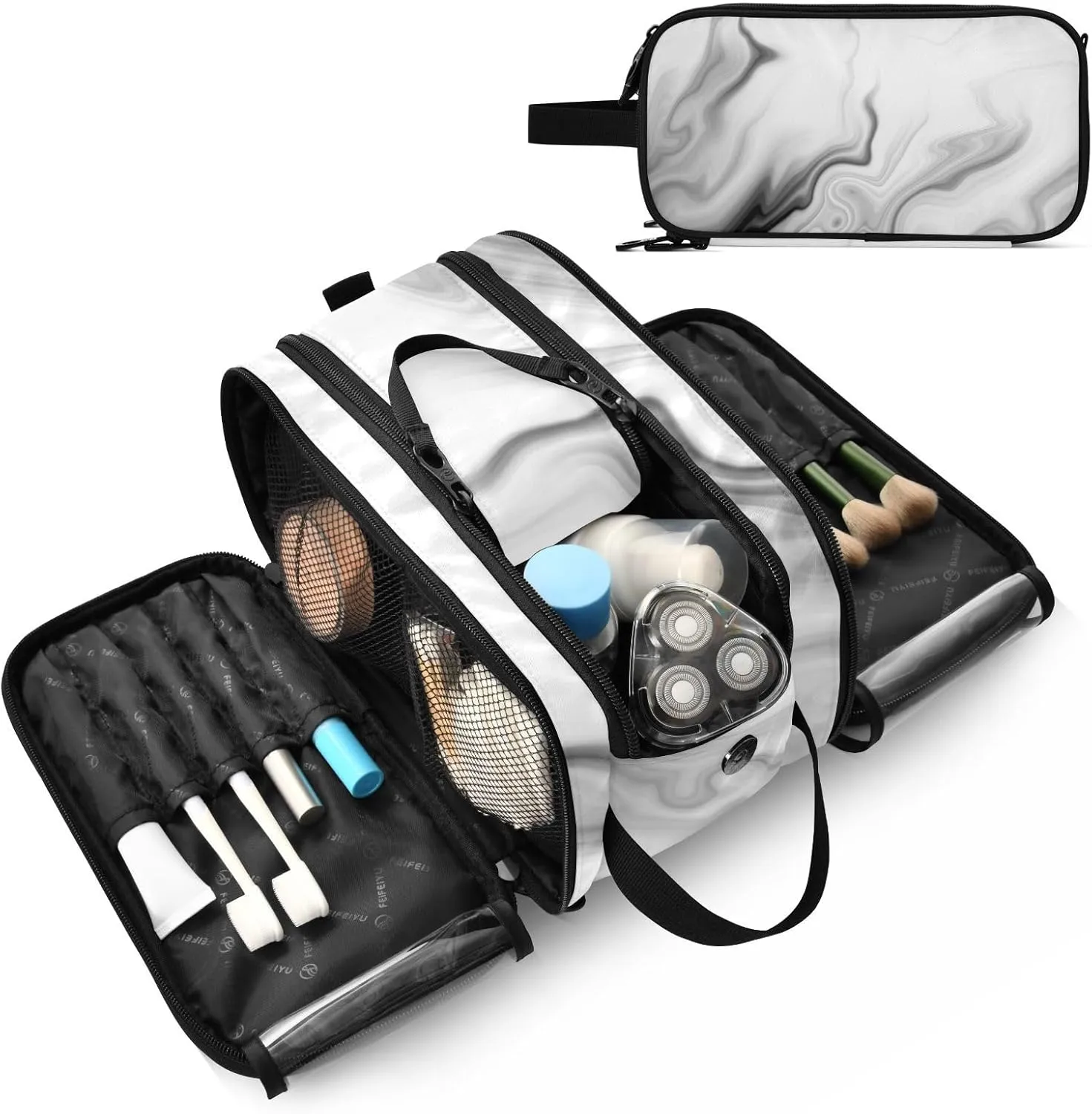 Black White Liquid Marble Agate Slab Paint Pastel Macro Wavy Women's Portable Makeup Bag with Handle, Cosmetic Bag, Travel Cosmetic Bag Durable Toiletry Storage Organizer 11 x 7 x 5.7 inch