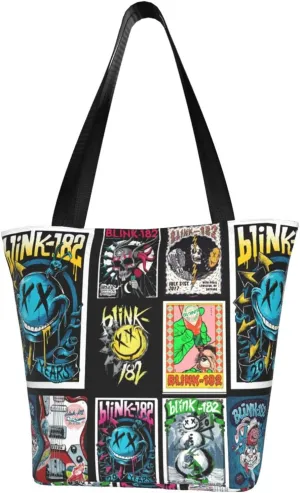 Blink Classic Rock 182 Reusable Grocery Bag Shopping Bags Tote Bags with Zipper Woman's Shoulder Bag for Hiking Storage Bag Portable Daily Bag Large Capacity Handbag for Kitchen, Black