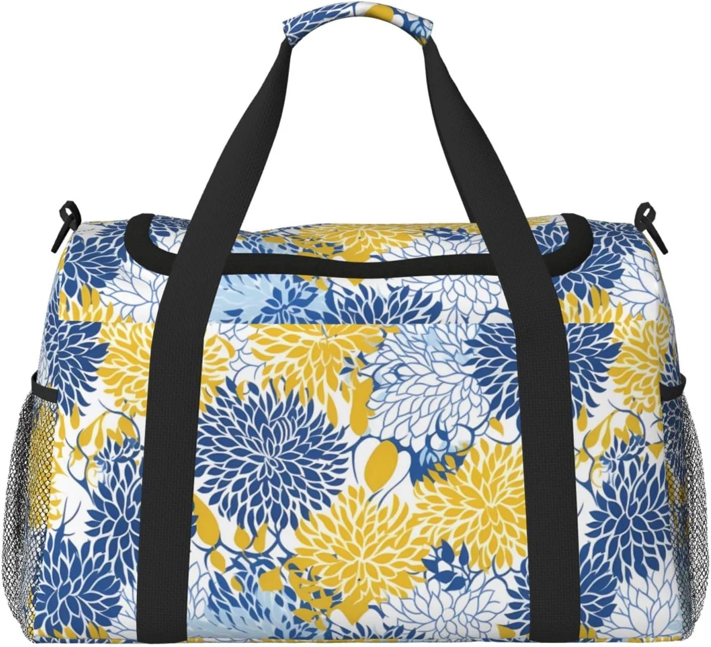 Blue And Yellow Flowers Travel Weekender Overnight Bags Foldable Hand Travel Bag Sport Gym Duffel Bag For Men Women