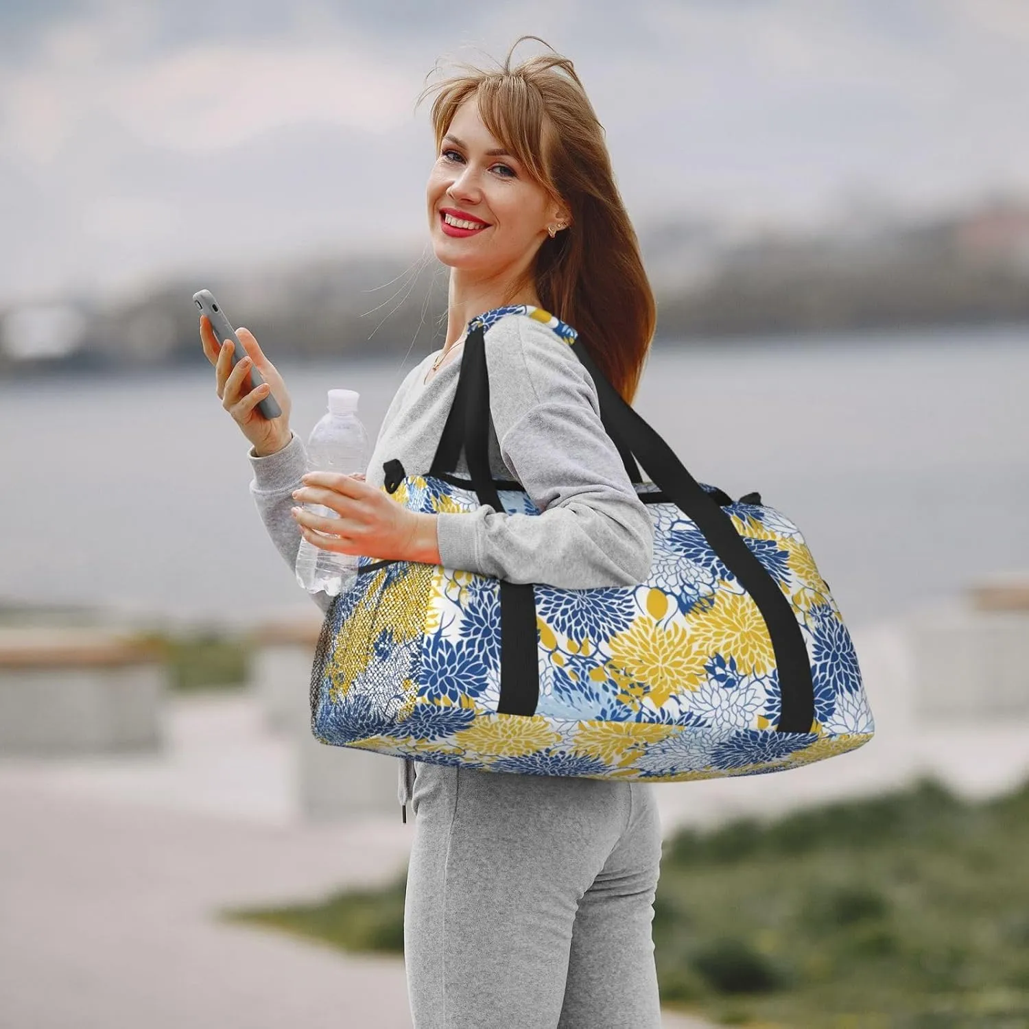 Blue And Yellow Flowers Travel Weekender Overnight Bags Foldable Hand Travel Bag Sport Gym Duffel Bag For Men Women