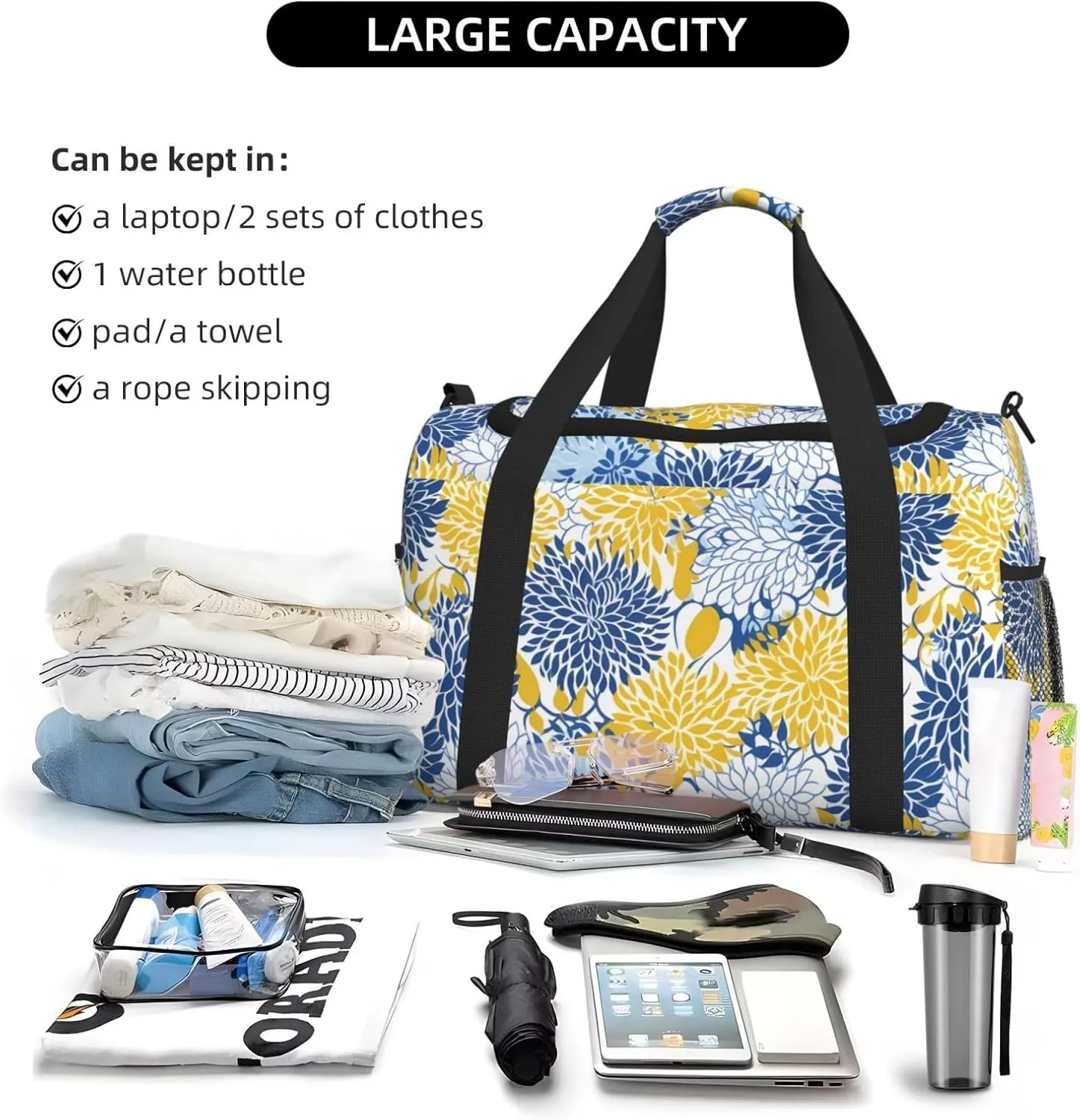 Blue And Yellow Flowers Travel Weekender Overnight Bags Foldable Hand Travel Bag Sport Gym Duffel Bag For Men Women
