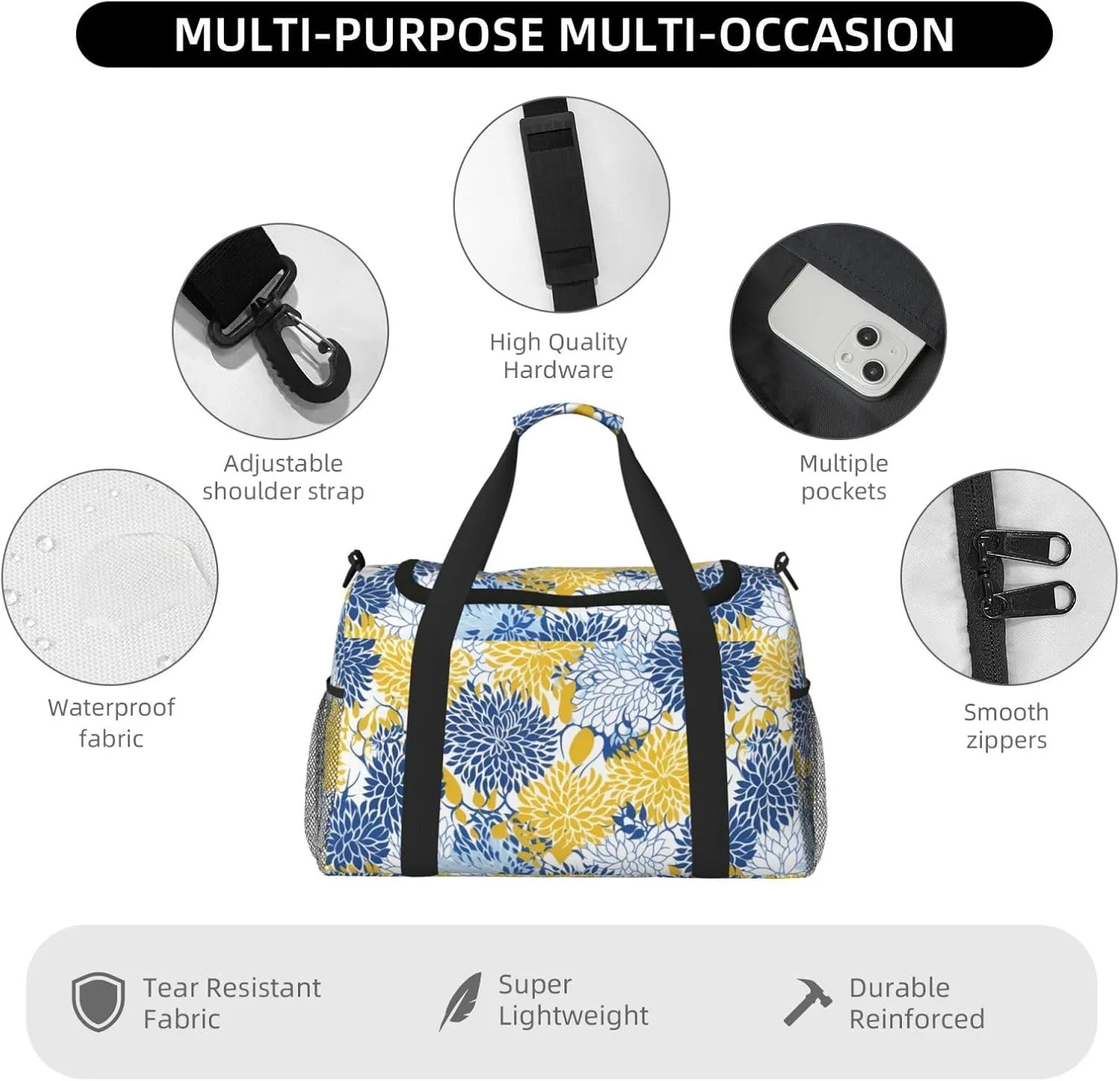 Blue And Yellow Flowers Travel Weekender Overnight Bags Foldable Hand Travel Bag Sport Gym Duffel Bag For Men Women