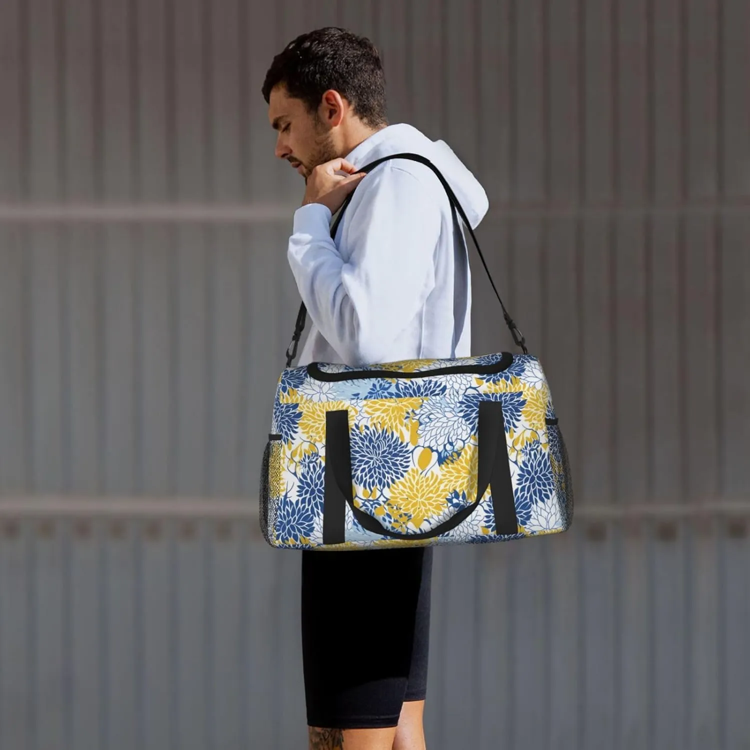 Blue And Yellow Flowers Travel Weekender Overnight Bags Foldable Hand Travel Bag Sport Gym Duffel Bag For Men Women