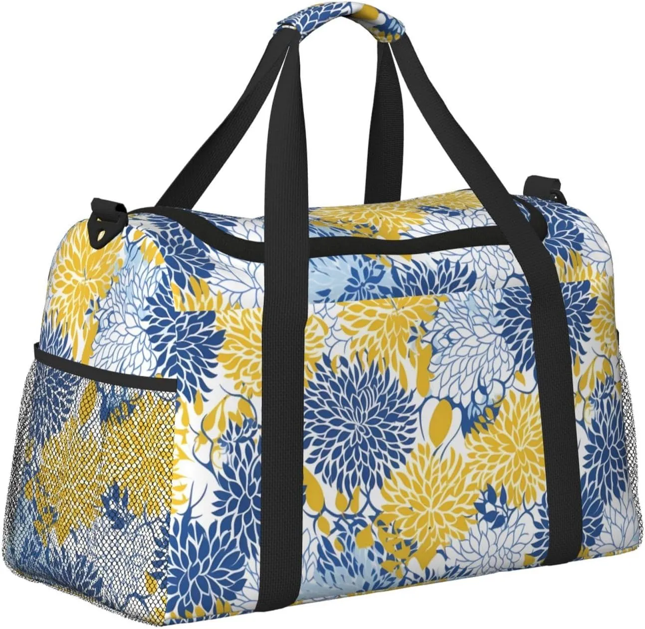 Blue And Yellow Flowers Travel Weekender Overnight Bags Foldable Hand Travel Bag Sport Gym Duffel Bag For Men Women