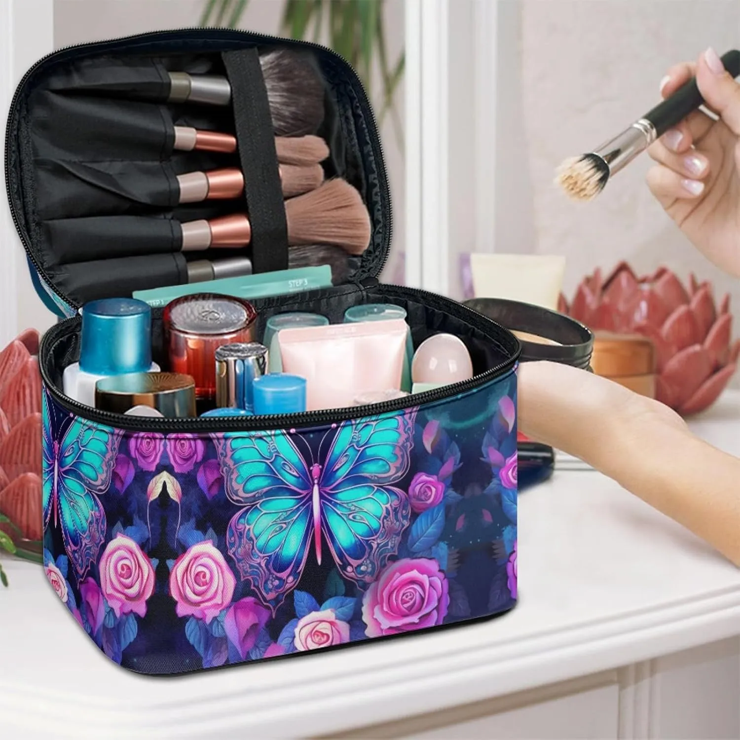 Blue Butterfly Make Up Case Bag for Women Portable Toiletry Bag Blue Cosmetic Bags for Teens Casual Cosmetic Storage Bag with Handle for Women Travel Accessories for Women