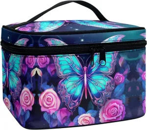 Blue Butterfly Make Up Case Bag for Women Portable Toiletry Bag Blue Cosmetic Bags for Teens Casual Cosmetic Storage Bag with Handle for Women Travel Accessories for Women