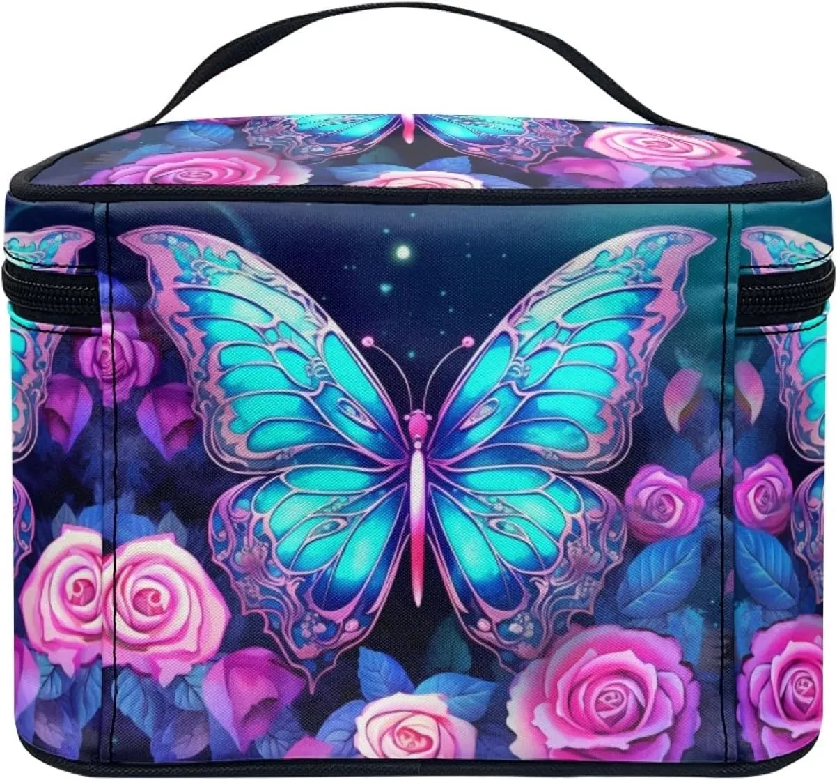 Blue Butterfly Make Up Case Bag for Women Portable Toiletry Bag Blue Cosmetic Bags for Teens Casual Cosmetic Storage Bag with Handle for Women Travel Accessories for Women