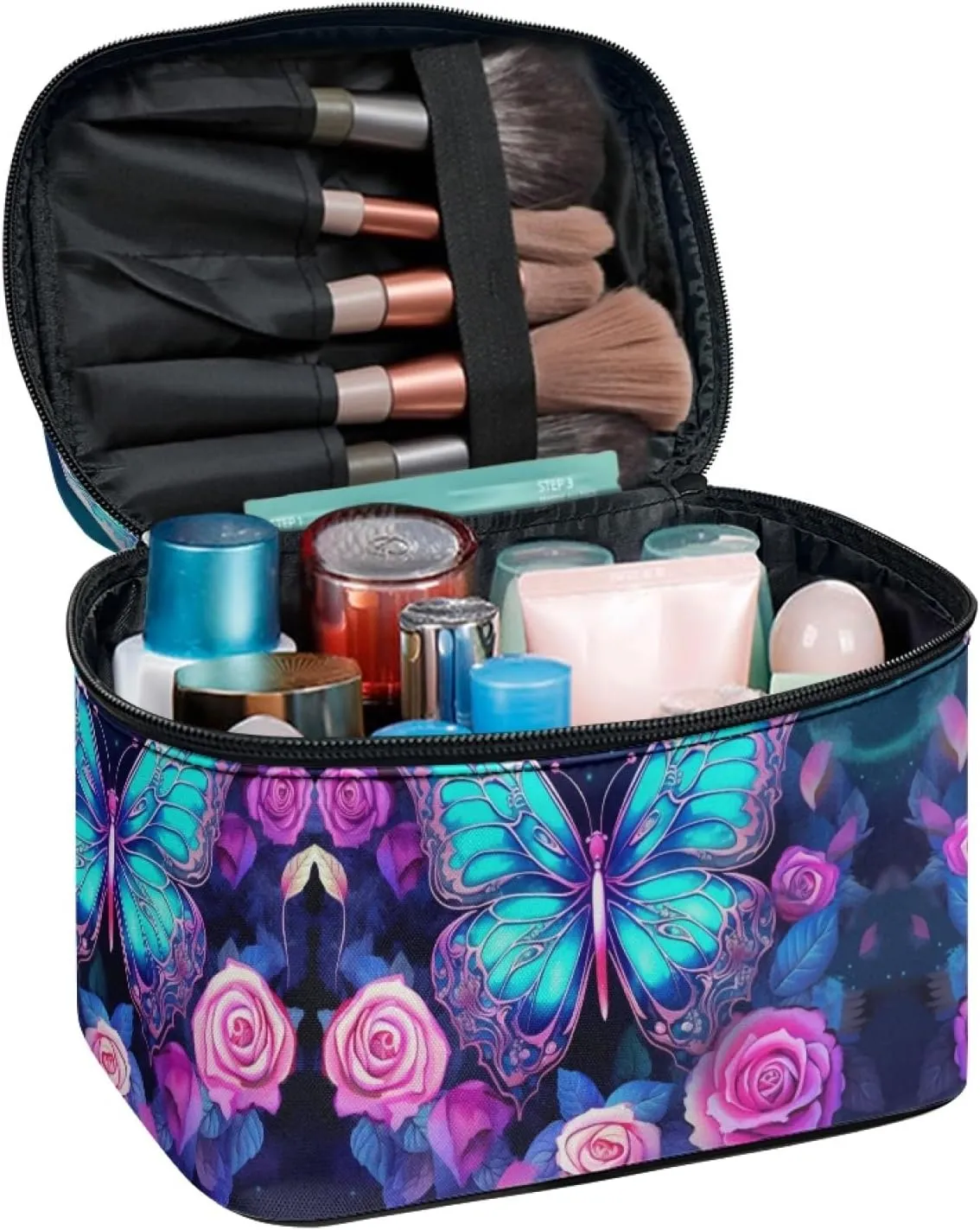 Blue Butterfly Make Up Case Bag for Women Portable Toiletry Bag Blue Cosmetic Bags for Teens Casual Cosmetic Storage Bag with Handle for Women Travel Accessories for Women