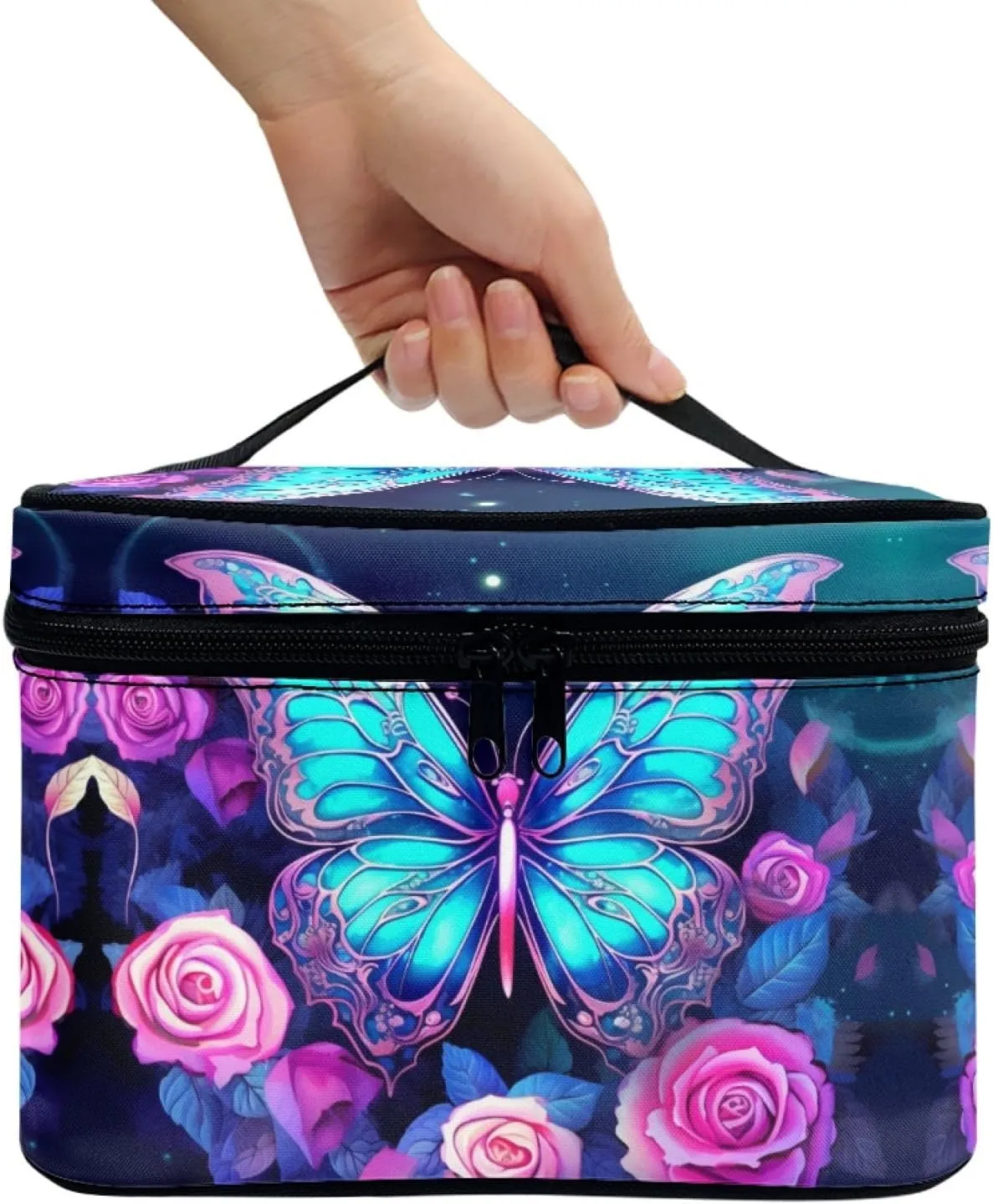 Blue Butterfly Make Up Case Bag for Women Portable Toiletry Bag Blue Cosmetic Bags for Teens Casual Cosmetic Storage Bag with Handle for Women Travel Accessories for Women
