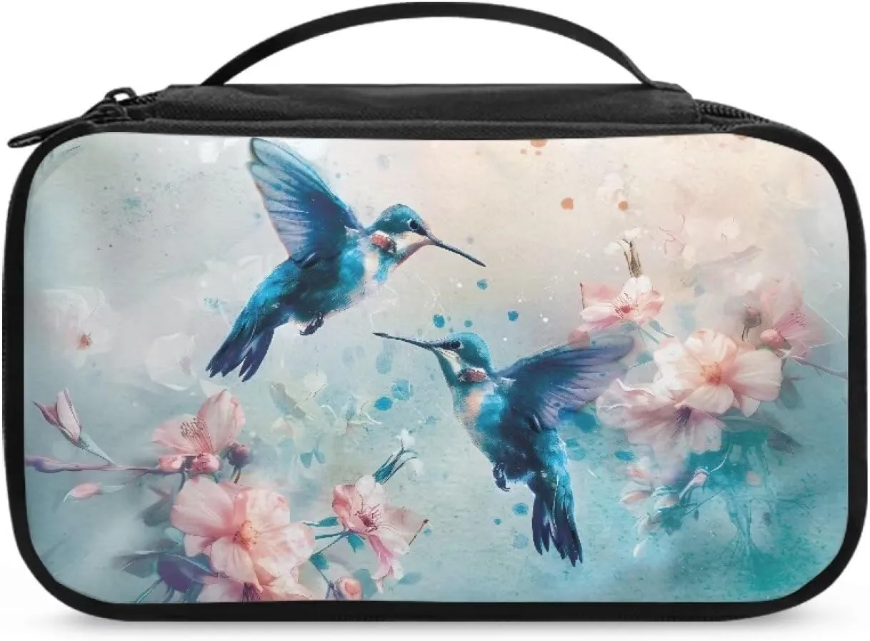 Blue Hummingbird Make Up Bag for Women Cosmetic Travel Bag with Double Layer Portable Skincare Bag Large Capacity Travel Cosmetic Bag Soft Makeup Brushes Organizer
