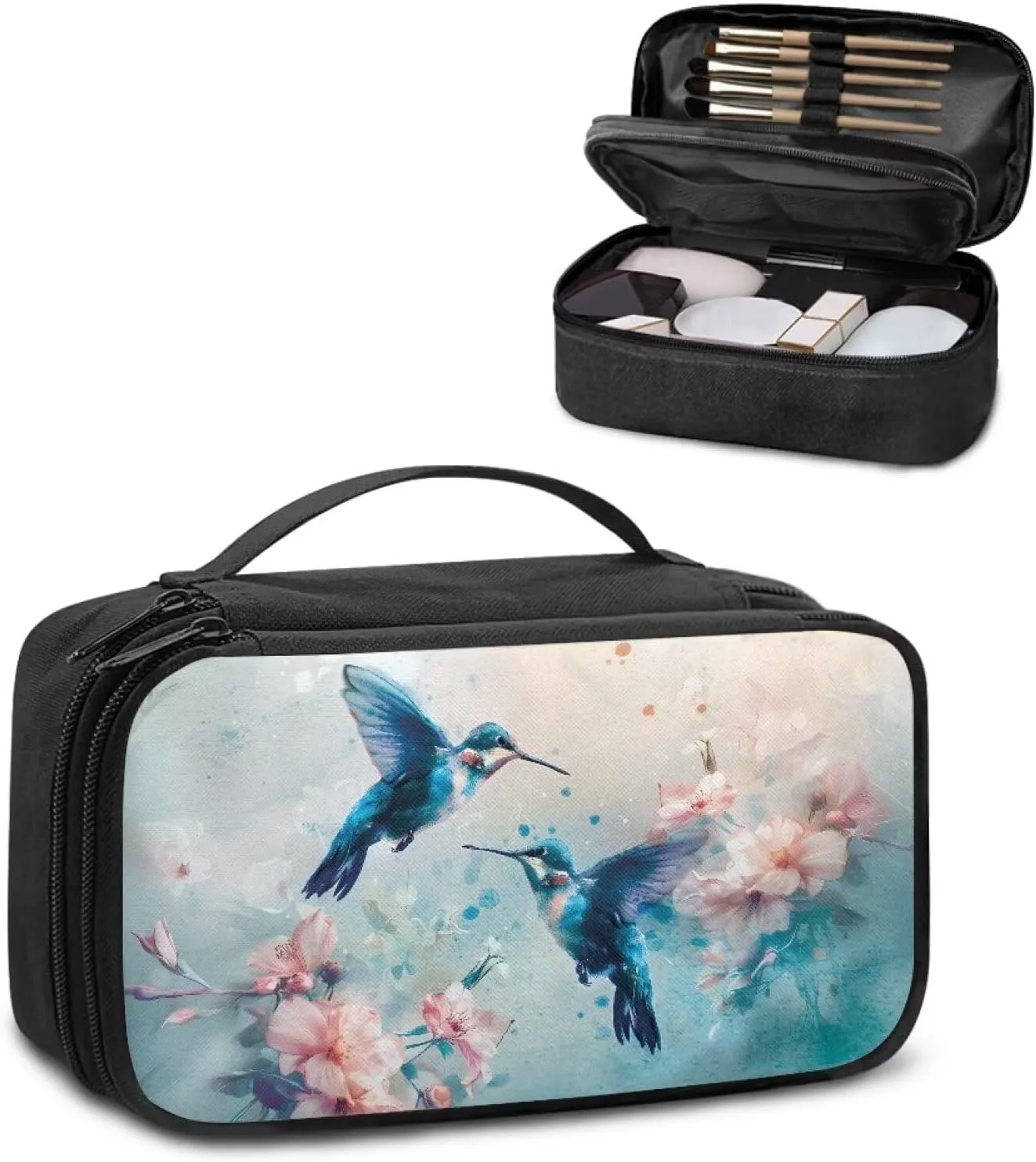 Blue Hummingbird Make Up Bag for Women Cosmetic Travel Bag with Double Layer Portable Skincare Bag Large Capacity Travel Cosmetic Bag Soft Makeup Brushes Organizer