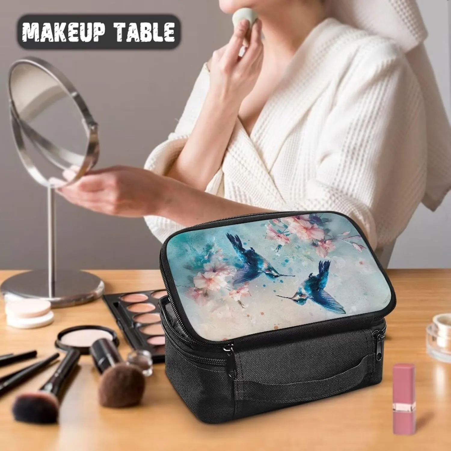 Blue Hummingbird Make Up Bag for Women Cosmetic Travel Bag with Double Layer Portable Skincare Bag Large Capacity Travel Cosmetic Bag Soft Makeup Brushes Organizer
