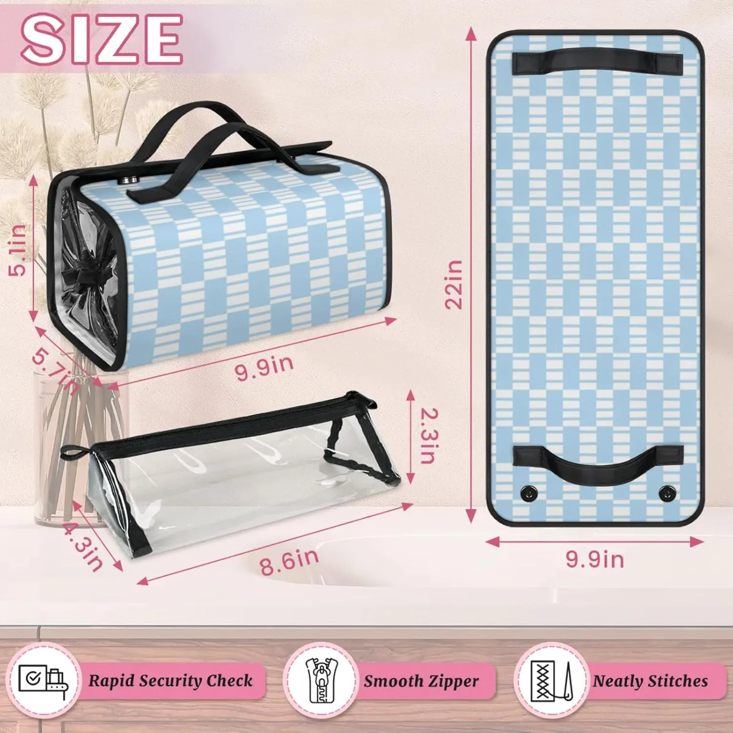 Blue Plaid Pattern Toiletry Bag Water Proof Travel Makeup Case Large Capacity 4 in 1 Foldable Cosmetics Storage for Women Men Removable Zipper Clear PVC Pockets