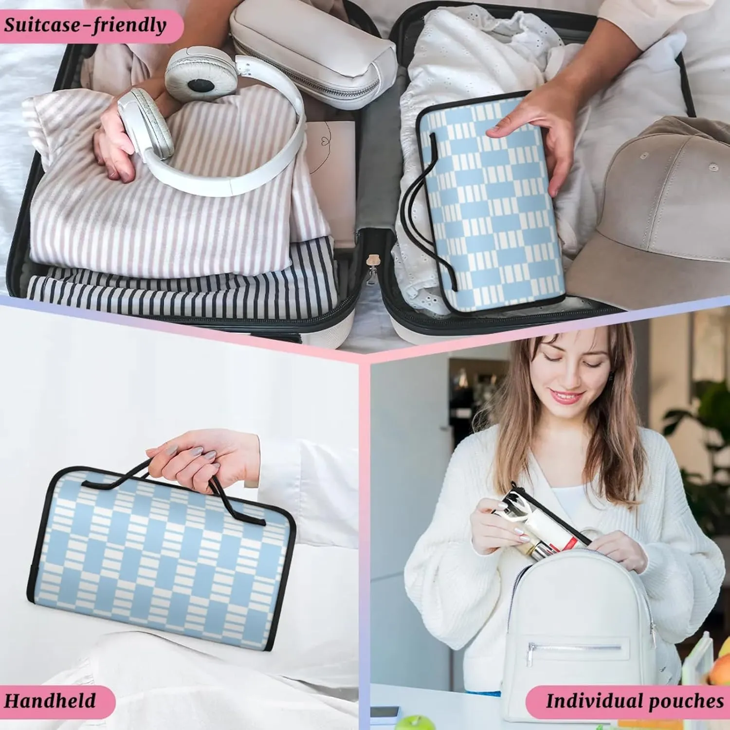 Blue Plaid Pattern Toiletry Bag Water Proof Travel Makeup Case Large Capacity 4 in 1 Foldable Cosmetics Storage for Women Men Removable Zipper Clear PVC Pockets