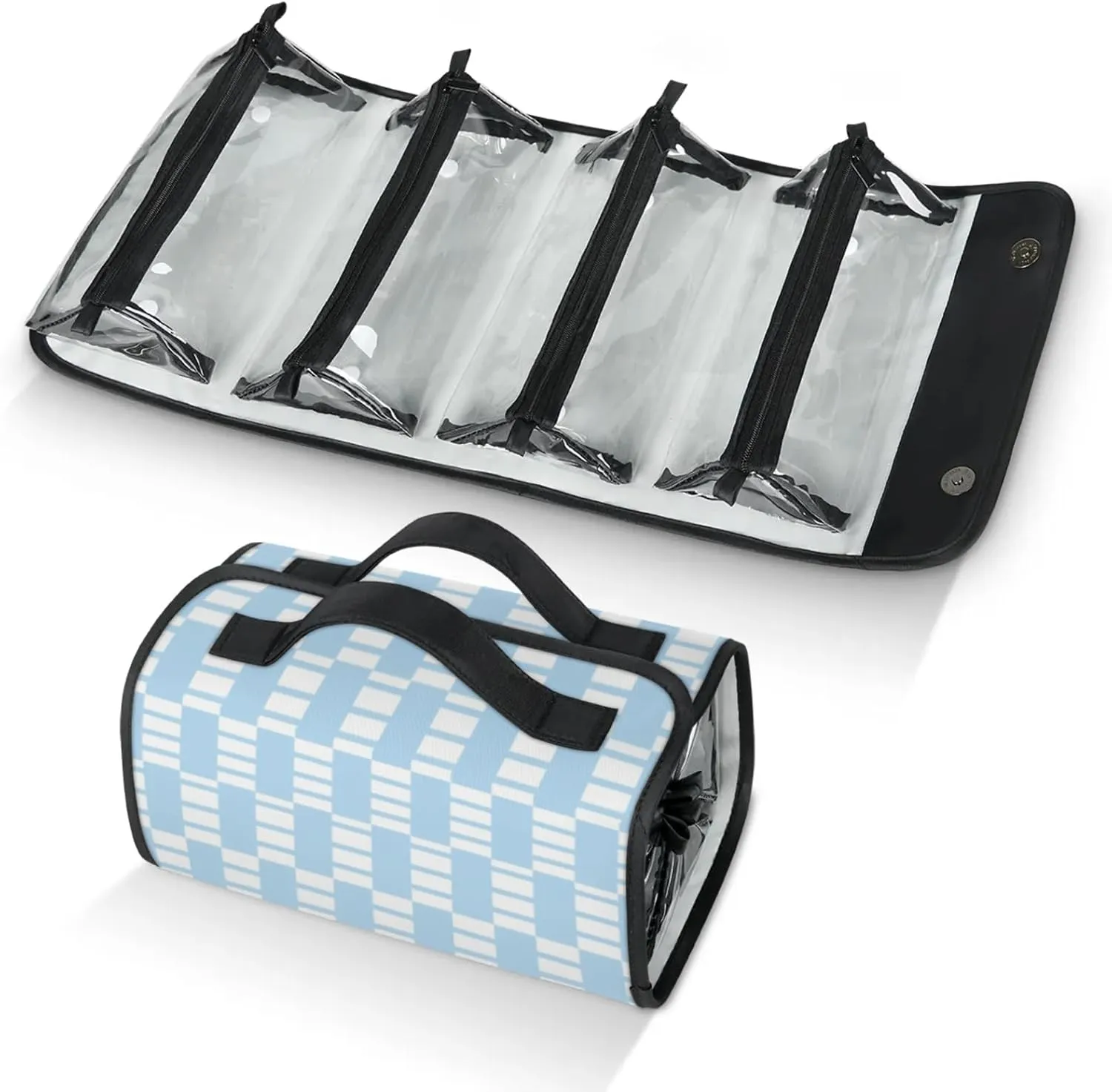 Blue Plaid Pattern Toiletry Bag Water Proof Travel Makeup Case Large Capacity 4 in 1 Foldable Cosmetics Storage for Women Men Removable Zipper Clear PVC Pockets