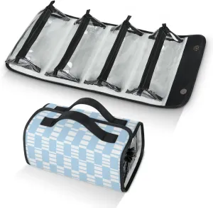 Blue Plaid Pattern Toiletry Bag Water Proof Travel Makeup Case Large Capacity 4 in 1 Foldable Cosmetics Storage for Women Men Removable Zipper Clear PVC Pockets
