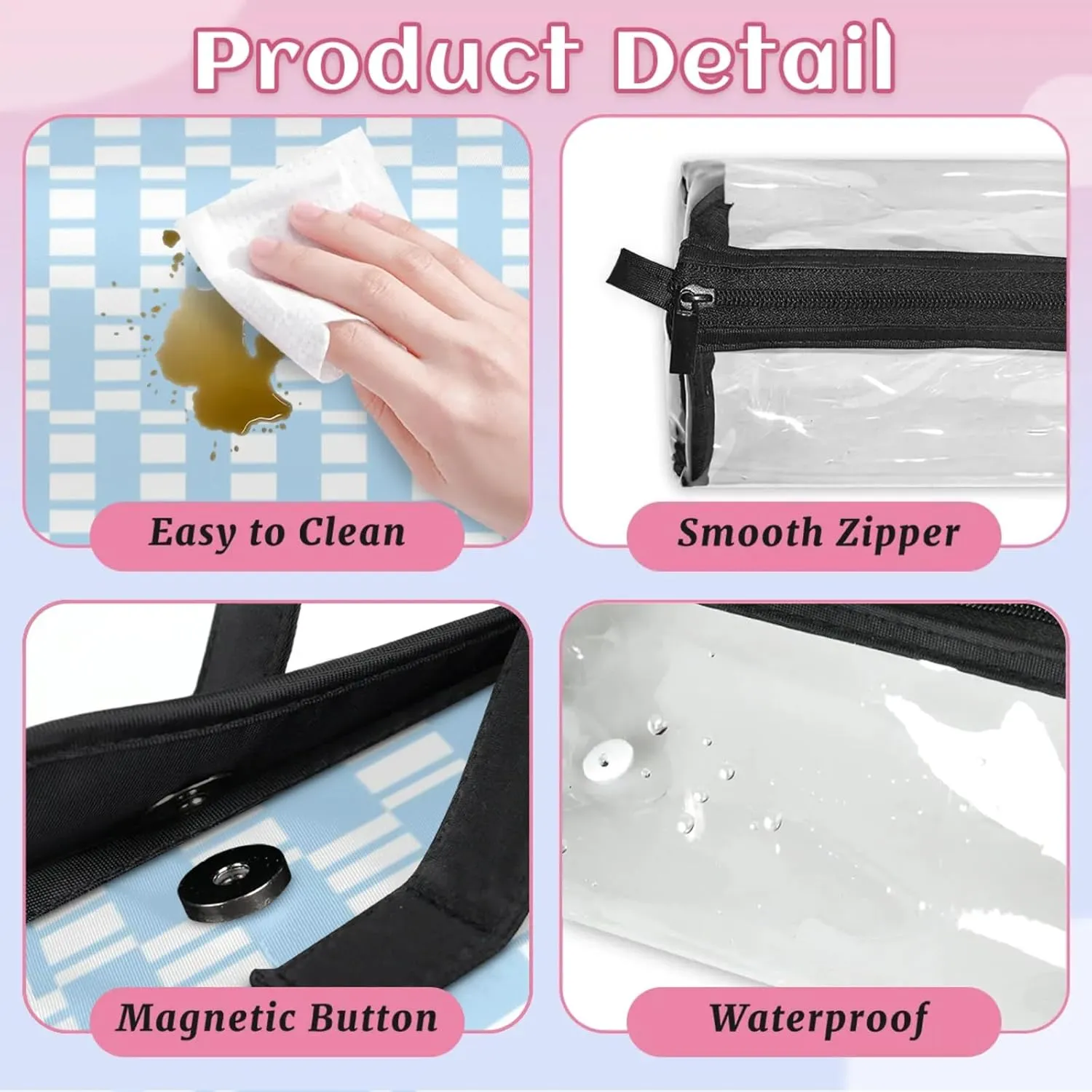 Blue Plaid Pattern Toiletry Bag Water Proof Travel Makeup Case Large Capacity 4 in 1 Foldable Cosmetics Storage for Women Men Removable Zipper Clear PVC Pockets
