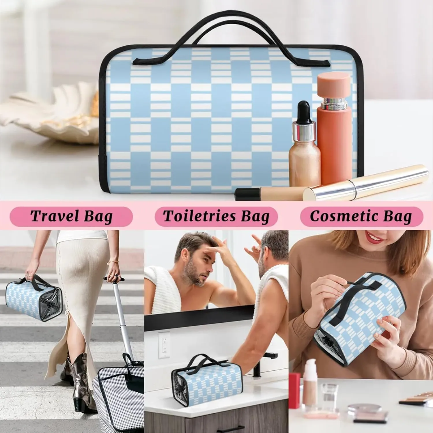 Blue Plaid Pattern Toiletry Bag Water Proof Travel Makeup Case Large Capacity 4 in 1 Foldable Cosmetics Storage for Women Men Removable Zipper Clear PVC Pockets