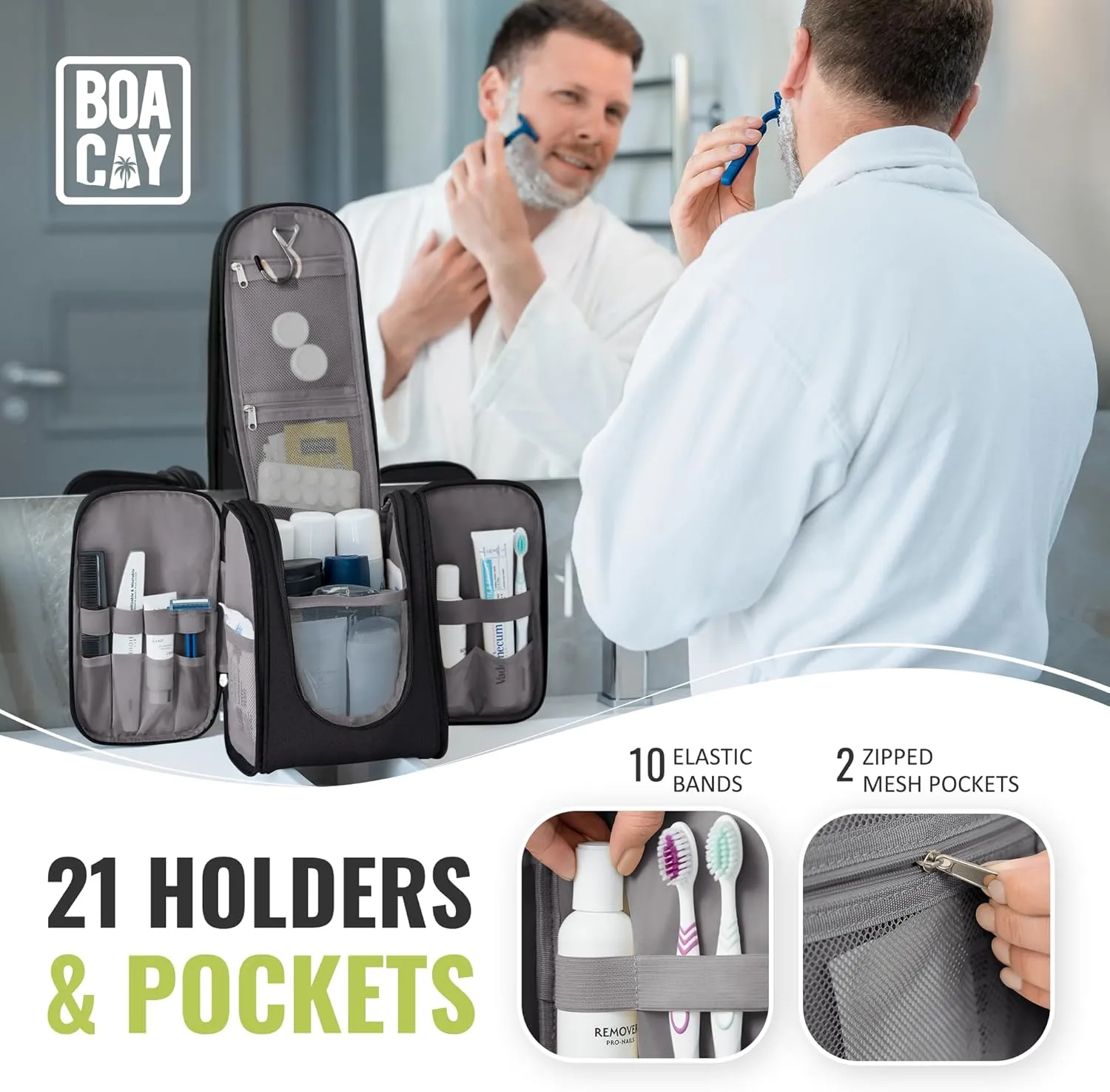 BOACAY Hanging Travel Toiletry Bag for Women and Men, Makeup Bag, Bathroom & Shower Organizer Kit for Accessories, Cosmetics, Travel Essentials