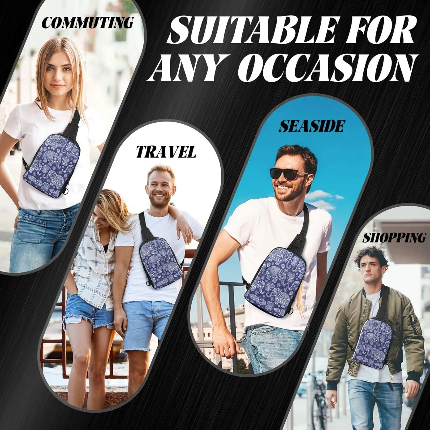 Boho Elephant Dual Pocket Chest Bag - Versatile Purse, Sling Purse - Ideal for Concerts, Sports, Travelling, & More