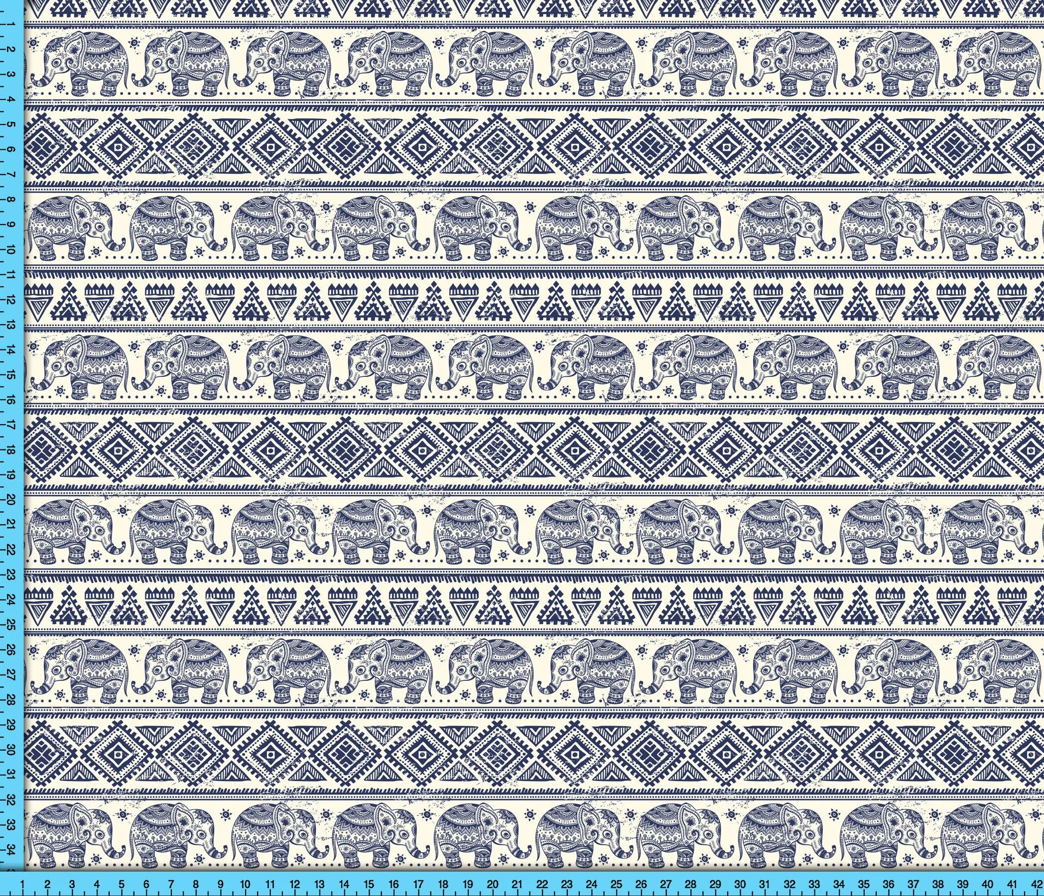 Boho Elephant Fabric Pattern, Blue Elephant Design Fabric By The Yard