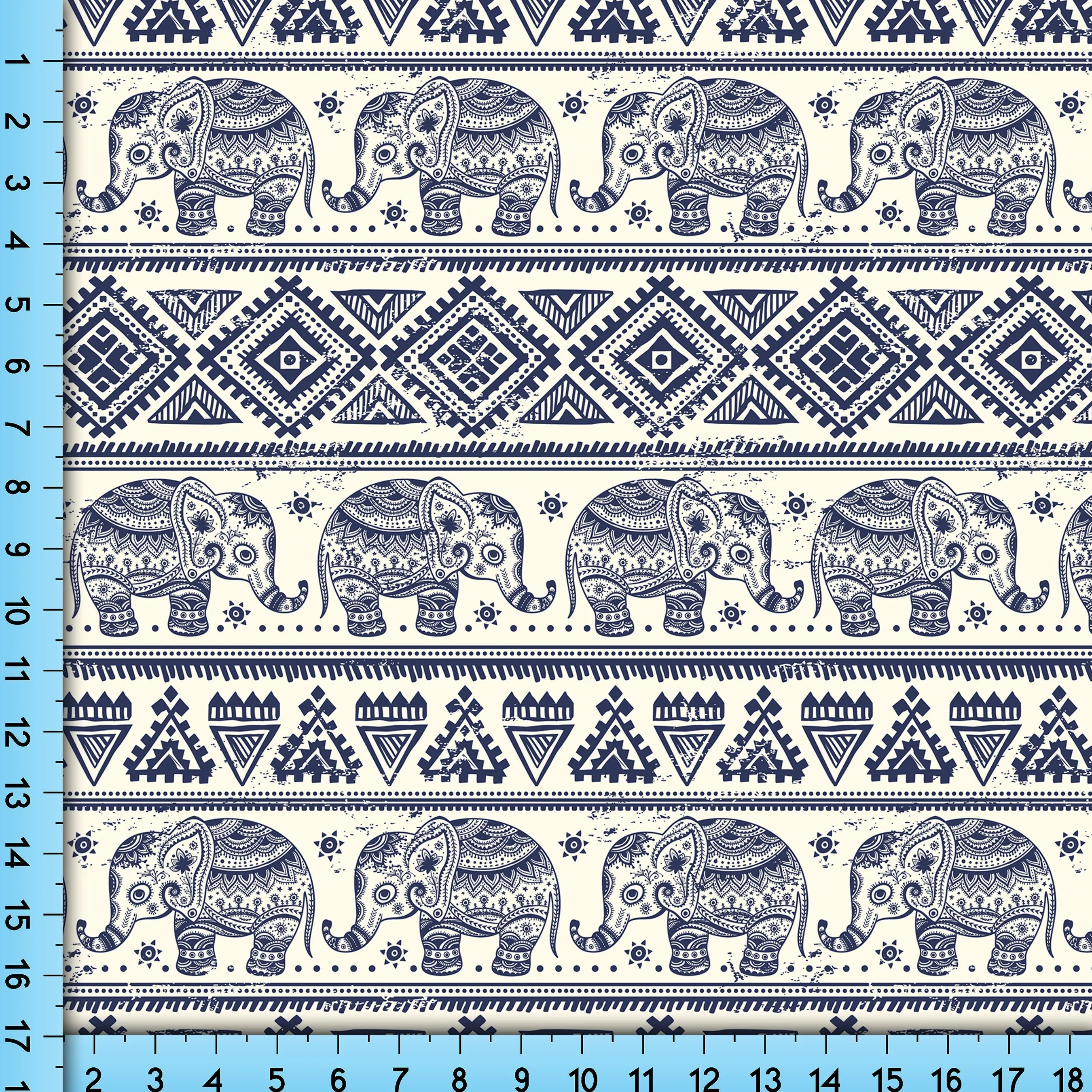 Boho Elephant Fabric Pattern, Blue Elephant Design Fabric By The Yard