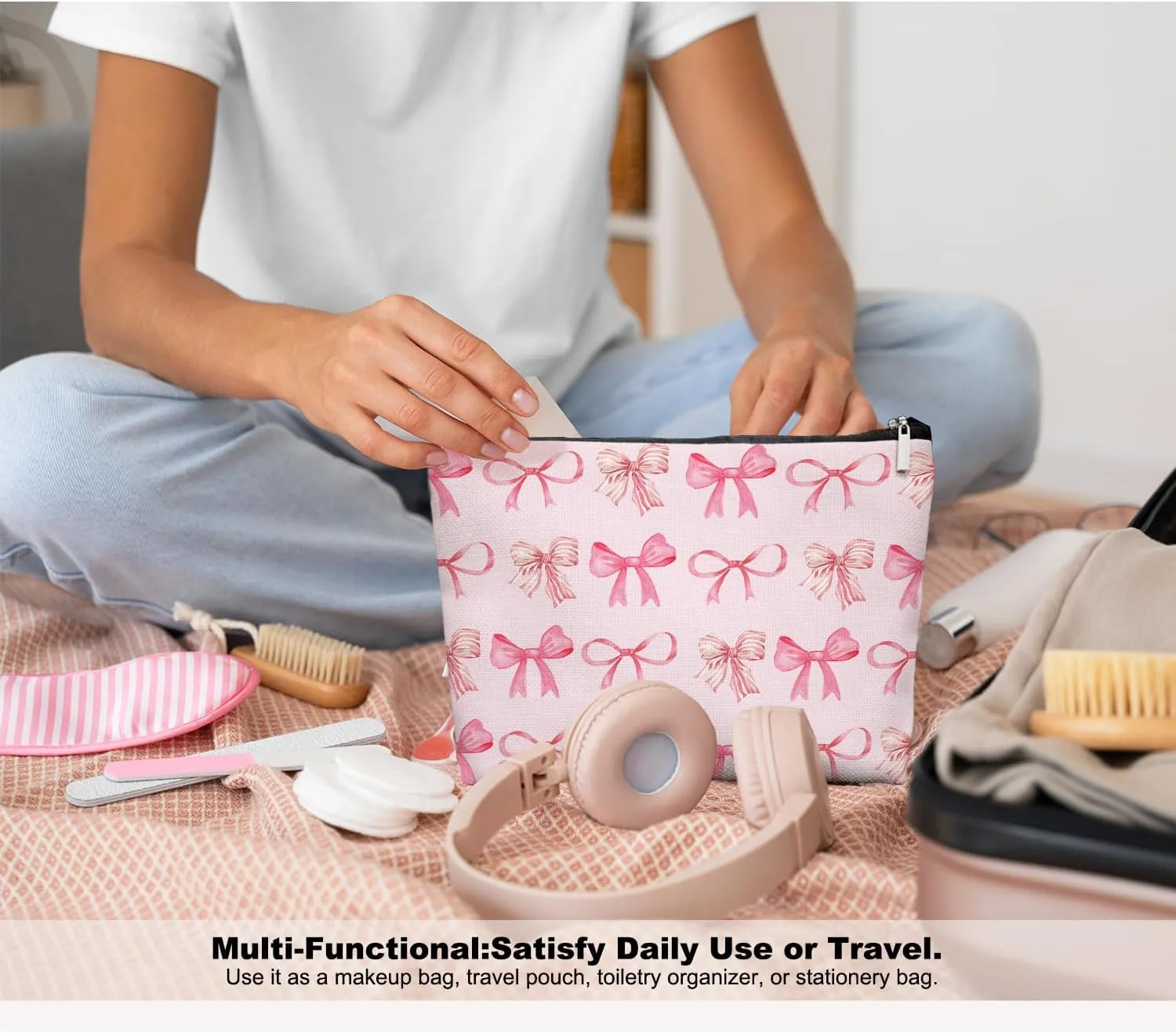Bow Makeup Bag Make up Bag,Bow Pouch Cosmetic Bags for Women,Preppy Bow Gifts for Women Teen Girls