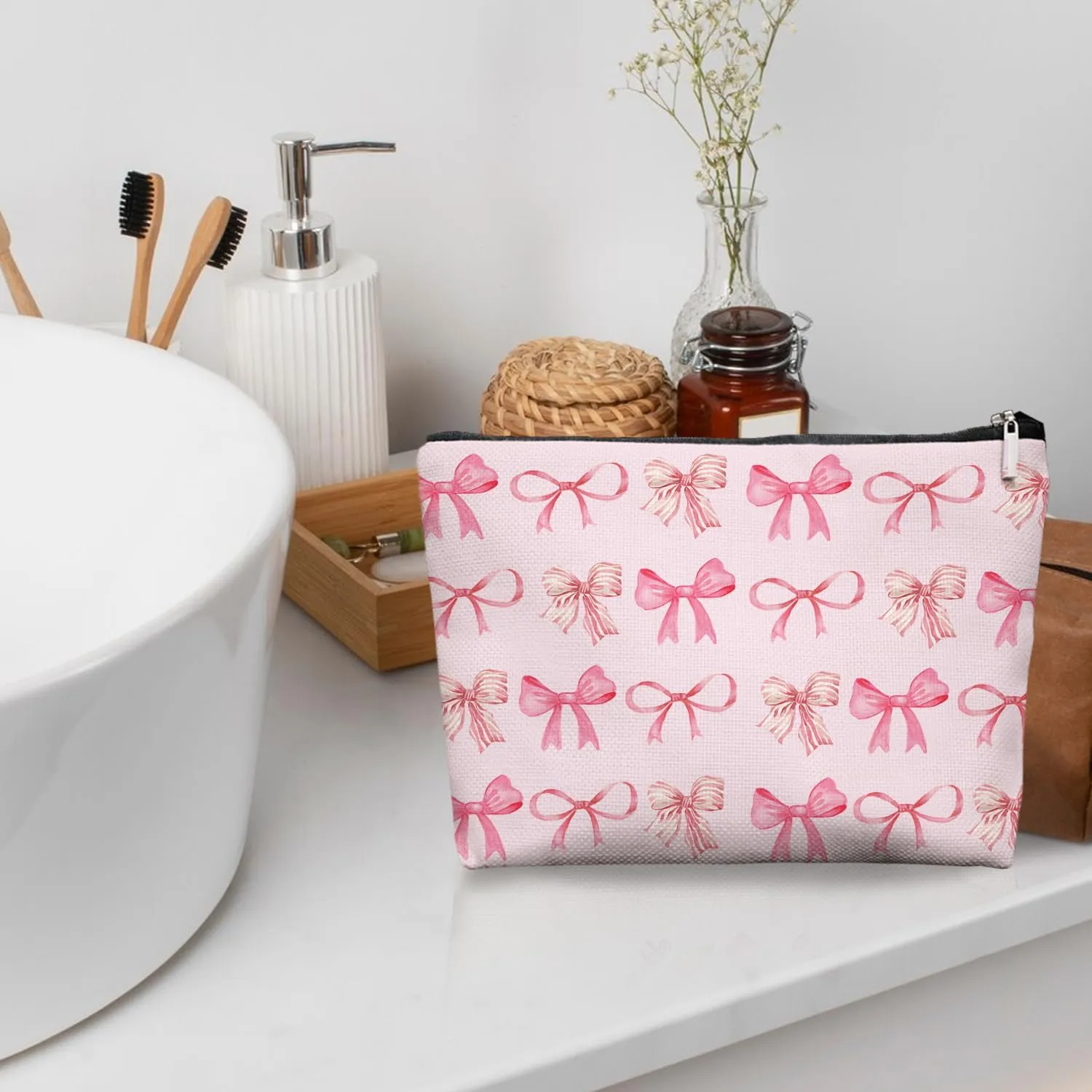 Bow Makeup Bag Make up Bag,Bow Pouch Cosmetic Bags for Women,Preppy Bow Gifts for Women Teen Girls