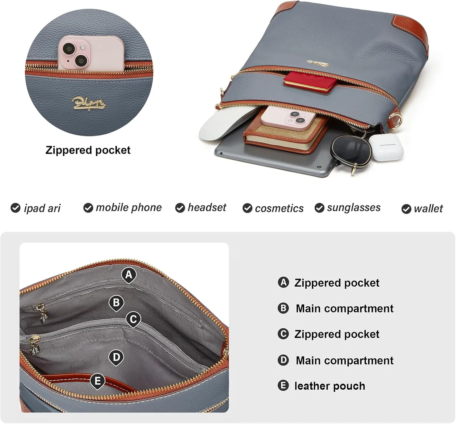 BOYATU Genuine Leather Crossbody Bag Women: Medium Leather Shoulder Purse - Trendy Handbag Travel Adjustable Strap