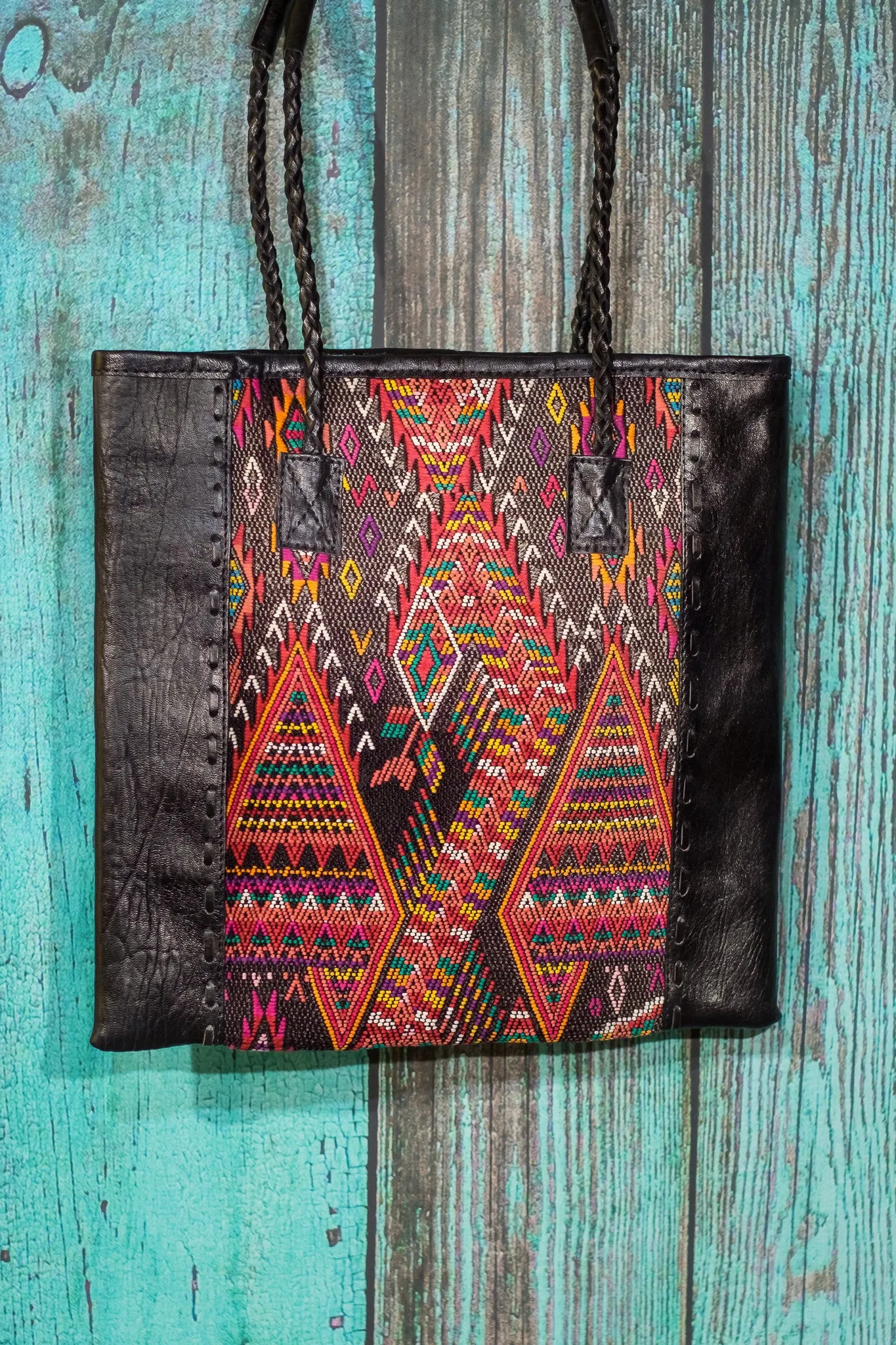 Braided Huipil Leather Tote Bag Purse Roam