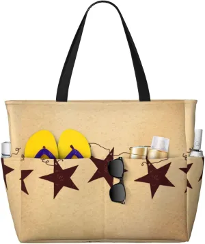 Brown Vintage Rusty Stars Primitive Country Rustic Primitives Beach Bag Women Tote Bag Pool Bag With Zipper For Gym Grocery Travel With Wet Pocket