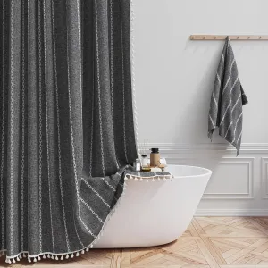 BTTN Boho Farmhouse Shower Curtain - Linen blend Rustic Striped Fabric Shower Curtain Set with Tassel, Water Repellent, Bohemian Vintage Country Cloth Shower Curtain for Bathroom, Charcoal Grey, 72x72