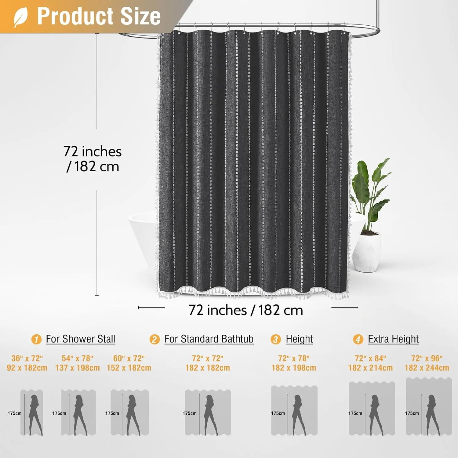 BTTN Boho Farmhouse Shower Curtain - Linen blend Rustic Striped Fabric Shower Curtain Set with Tassel, Water Repellent, Bohemian Vintage Country Cloth Shower Curtain for Bathroom, Charcoal Grey, 72x72