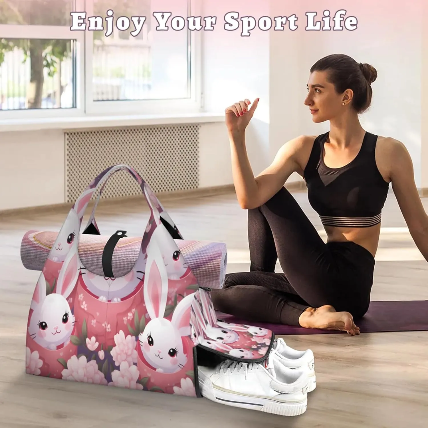 Bunny Bloom Bonanza Waterproof Gym Bag for Men Women, Sports Duffel Bag with Shoe Compartment Yoga Mat Holder, Portable Large Travel Bag for Fitness, Camping, Weekend Trips