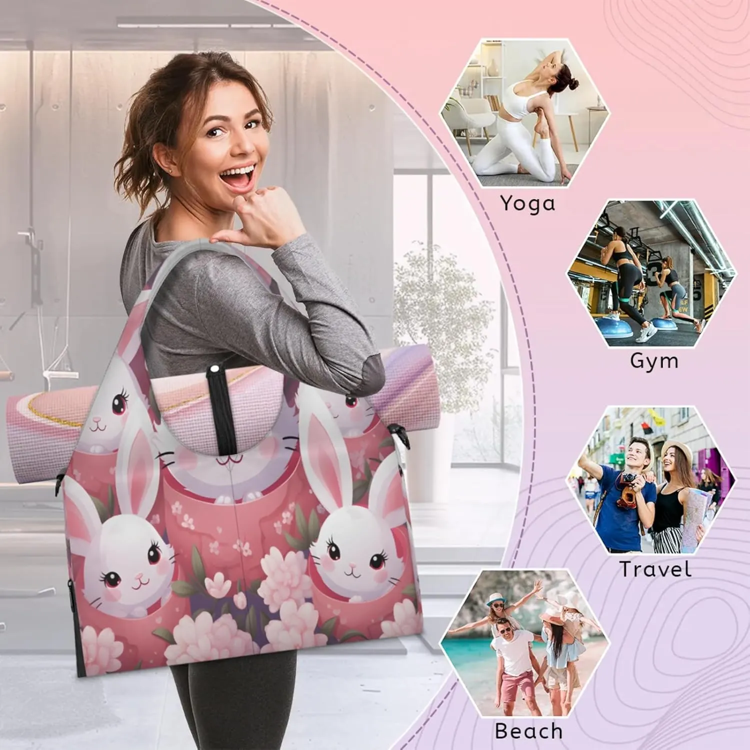 Bunny Bloom Bonanza Waterproof Gym Bag for Men Women, Sports Duffel Bag with Shoe Compartment Yoga Mat Holder, Portable Large Travel Bag for Fitness, Camping, Weekend Trips