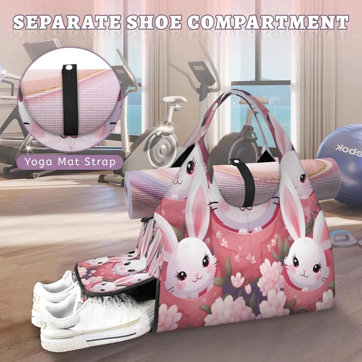 Bunny Bloom Bonanza Waterproof Gym Bag for Men Women, Sports Duffel Bag with Shoe Compartment Yoga Mat Holder, Portable Large Travel Bag for Fitness, Camping, Weekend Trips