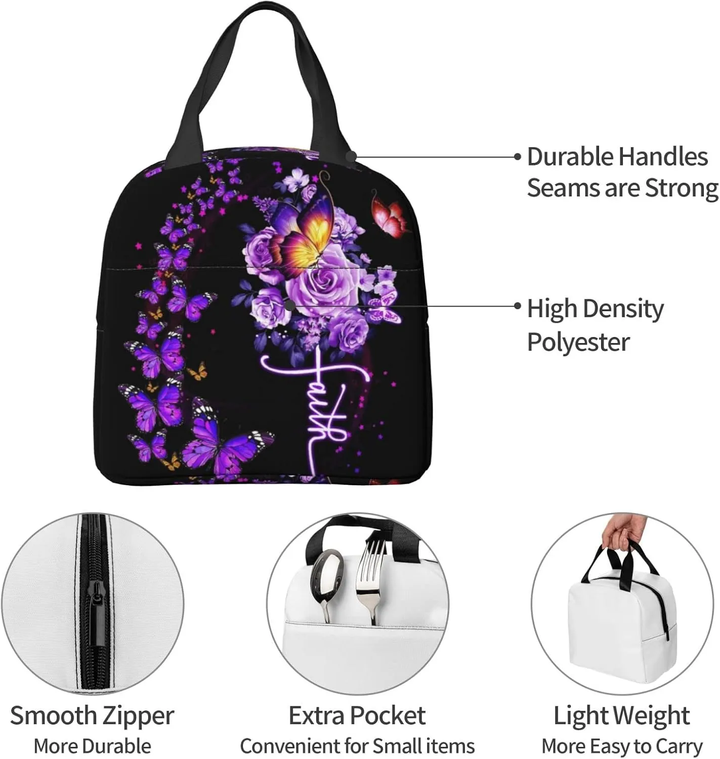 Butterflies Faith Lunch Bags For Women Men,Butterfly Lunch Box Reusable Tote Bag With Pocket Lunch Handbag For Work Picnic Travel
