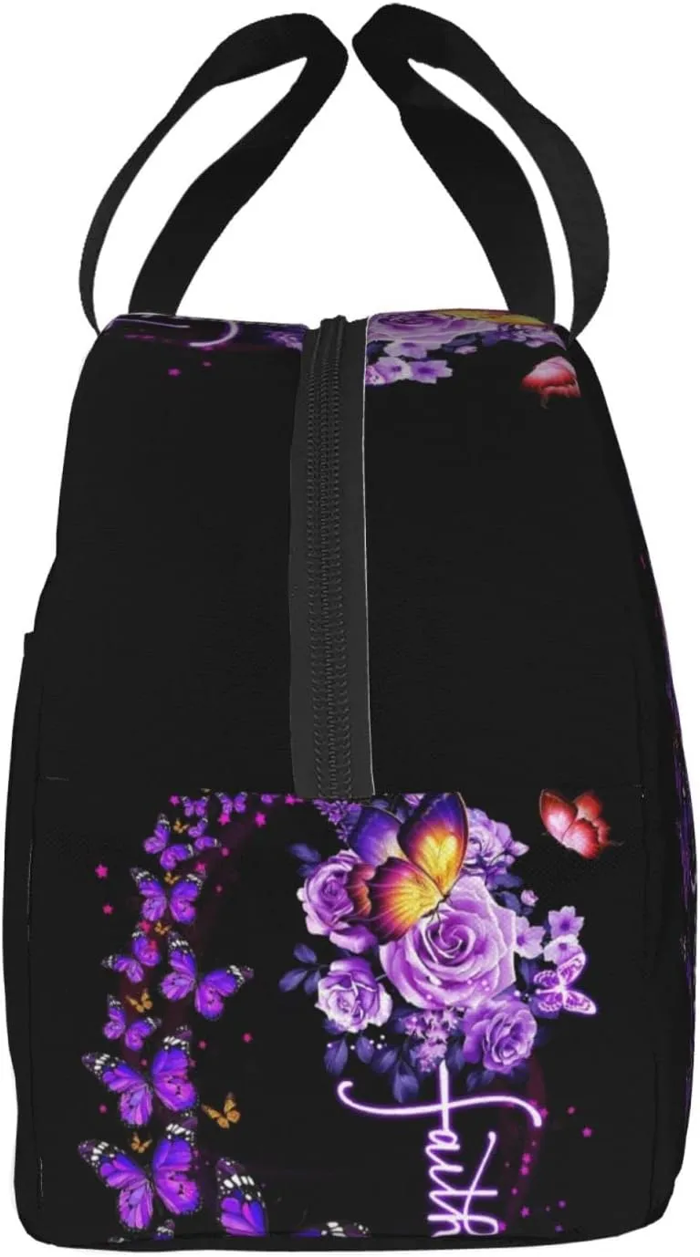 Butterflies Faith Lunch Bags For Women Men,Butterfly Lunch Box Reusable Tote Bag With Pocket Lunch Handbag For Work Picnic Travel