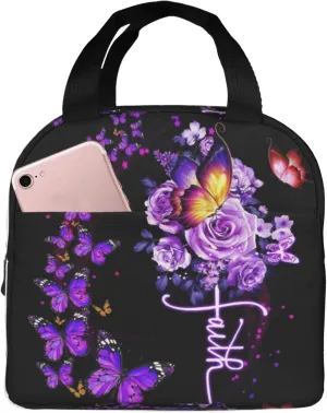 Butterflies Faith Lunch Bags For Women Men,Butterfly Lunch Box Reusable Tote Bag With Pocket Lunch Handbag For Work Picnic Travel