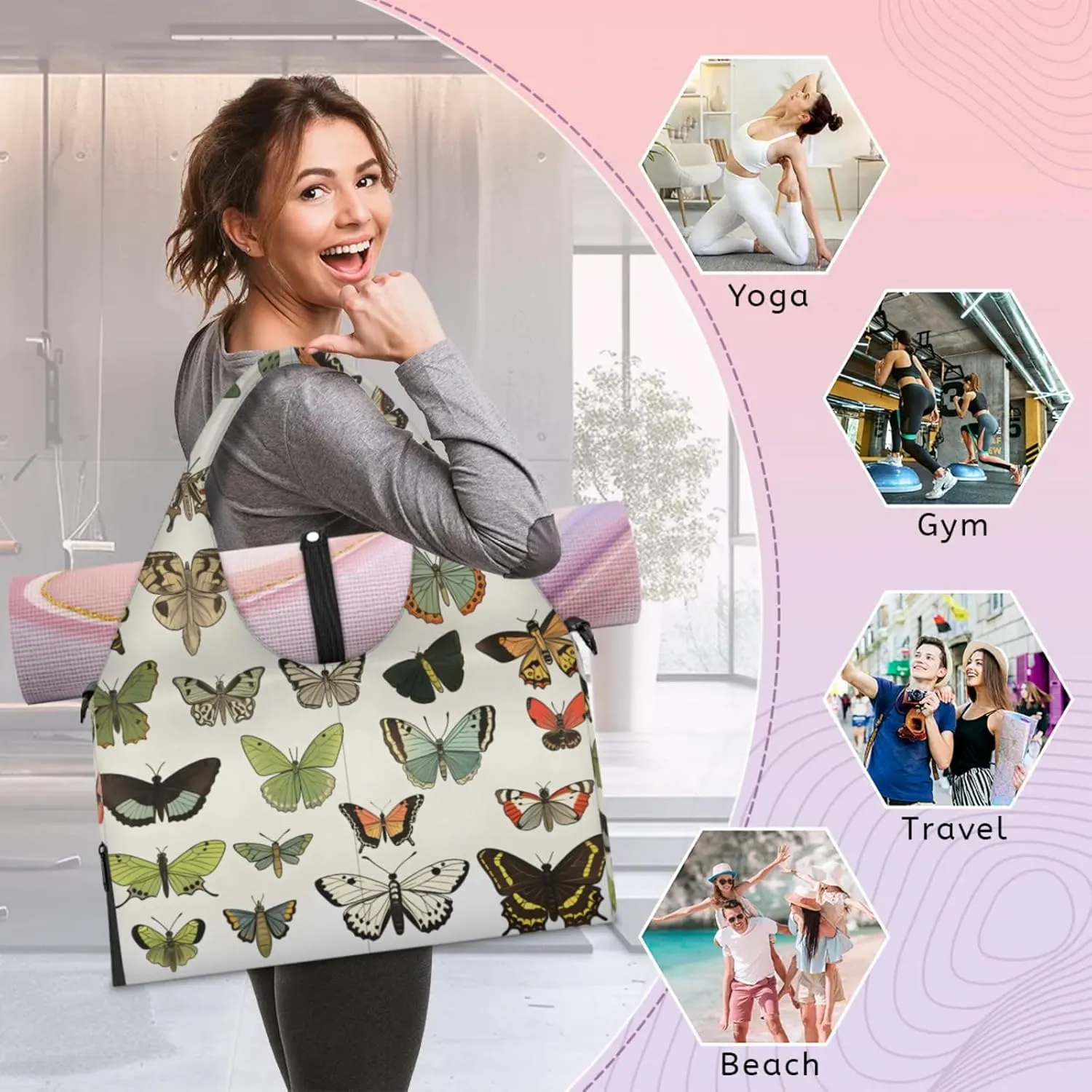 Butterflies Pattern Gym Bag Yoga Mat Tote for Women with Shoes Compartment Lightweight Duffle Travel Carrier Wet Dry Storage Pockets Adjustable Pilates Mats Shoulder Bags for Sport Swim