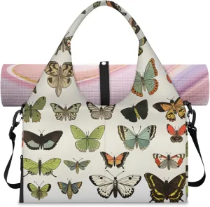 Butterflies Pattern Gym Bag Yoga Mat Tote for Women with Shoes Compartment Lightweight Duffle Travel Carrier Wet Dry Storage Pockets Adjustable Pilates Mats Shoulder Bags for Sport Swim