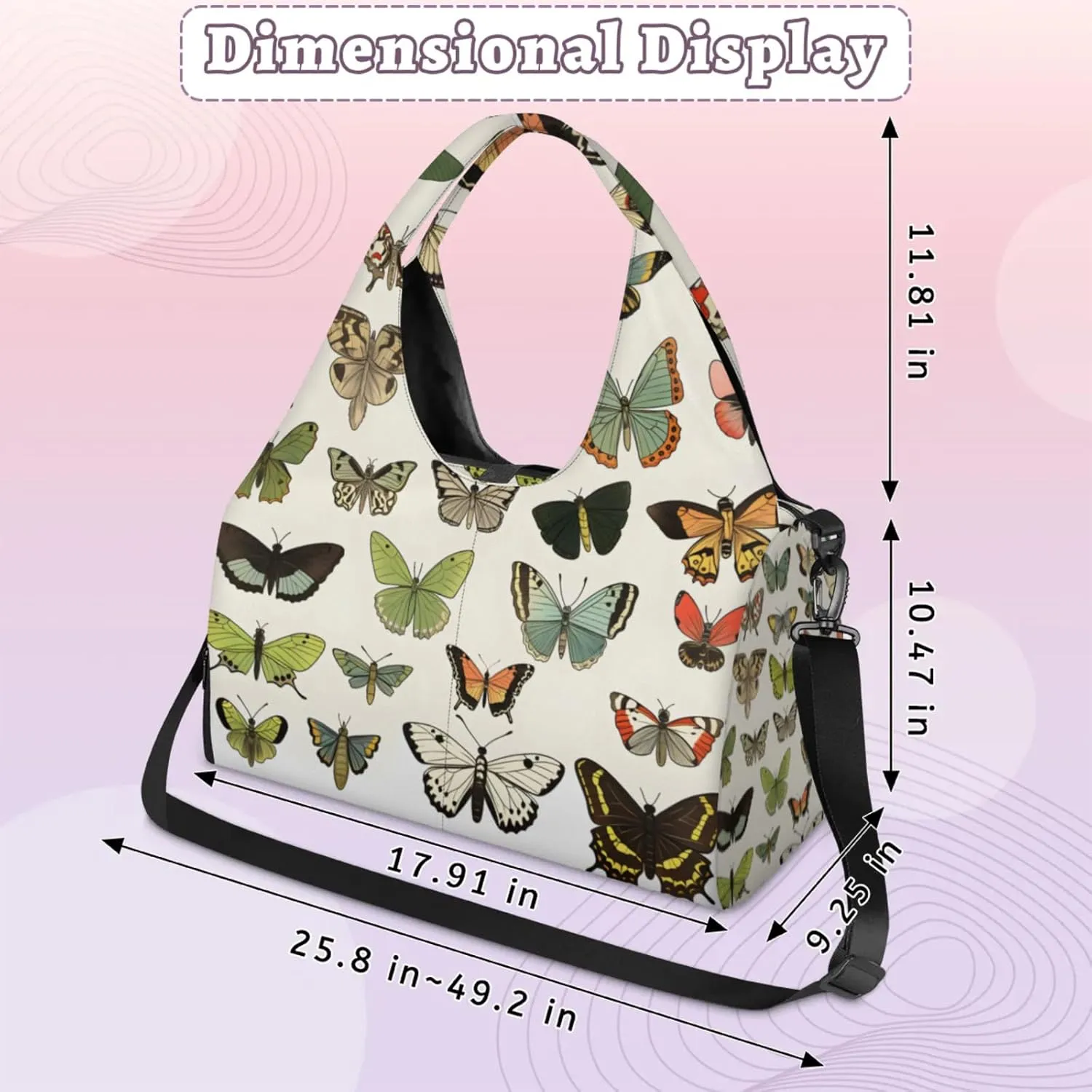 Butterflies Pattern Gym Bag Yoga Mat Tote for Women with Shoes Compartment Lightweight Duffle Travel Carrier Wet Dry Storage Pockets Adjustable Pilates Mats Shoulder Bags for Sport Swim